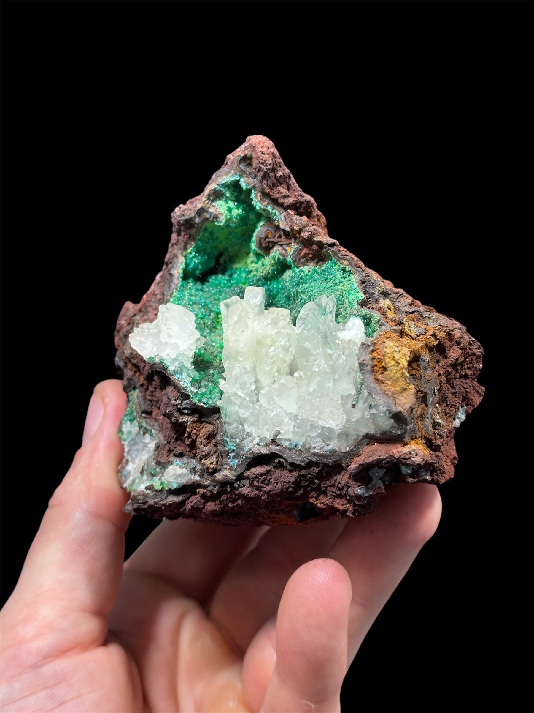 Calcite sur Conichalcite, Mine Ojuela, Mapimí, Durango, Mexique.